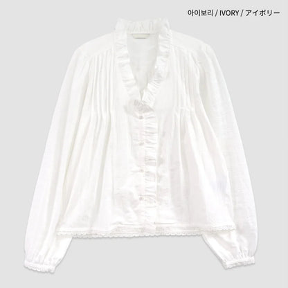 Chic V-Neck Plaid Shirt Women's Sweet Earlet Lace Trim Bubble Sleeve Top Commute Style Loose Fit Skin-Friendly Breathable