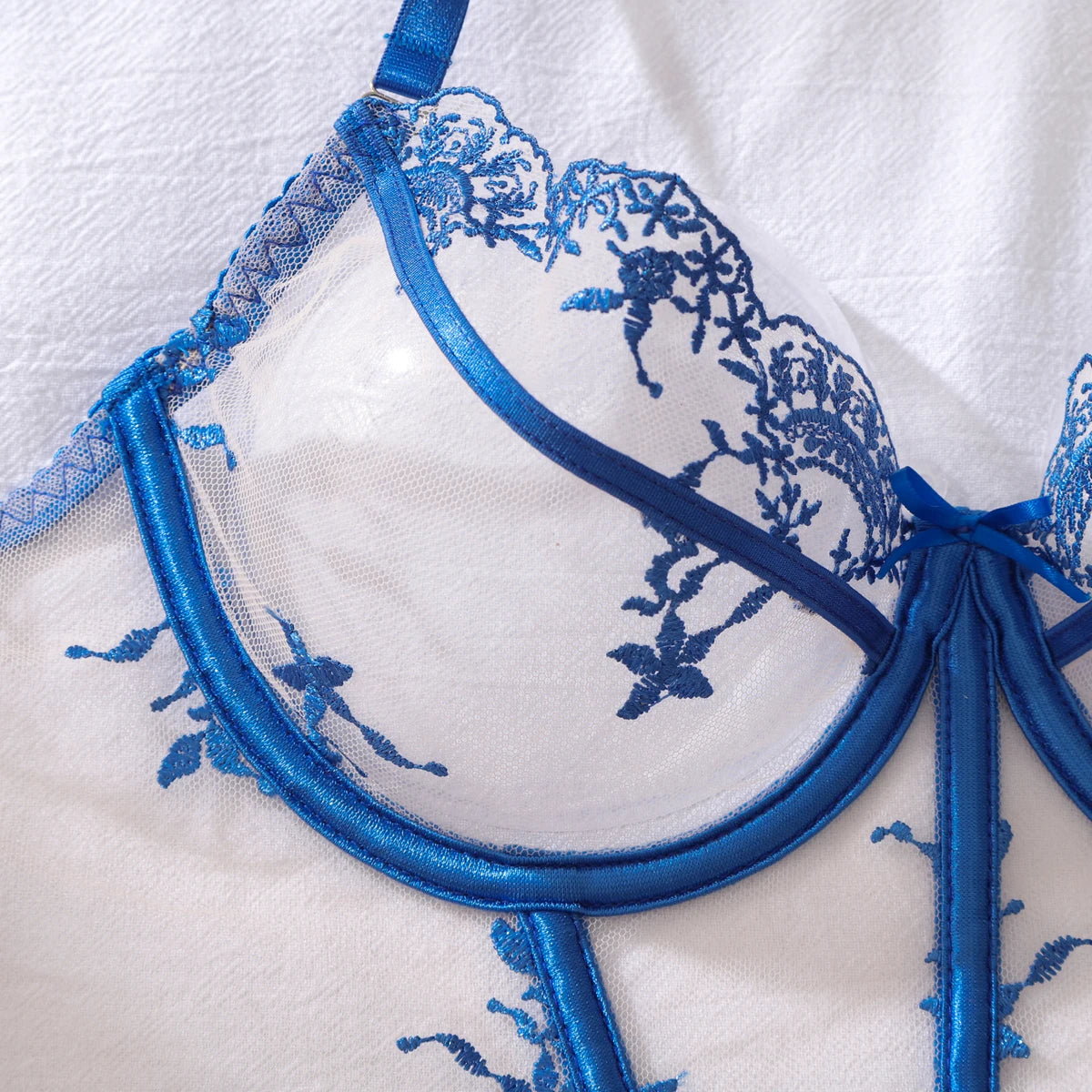 2026 Embroidered Perspective Bow Decoration Blue Flower Waist Slimming Sexy Split Underwear Set