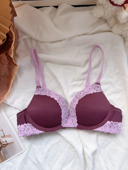 Sexy Purple Lace Lingerie Set for Women Push Up Bra No Underwire Small Bust Fit gathering Cups Lift Petite Cute Panties YUQI