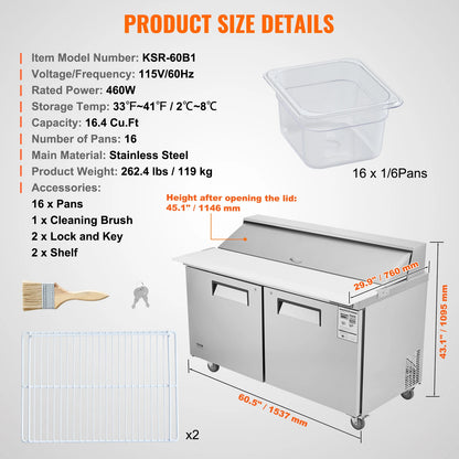 SucceBuy 28" Commercial Refrigerator Sandwich & Salad Prep Table 7.4 Cu. Ft Stainless Steel Refrigerated Food Prep Station