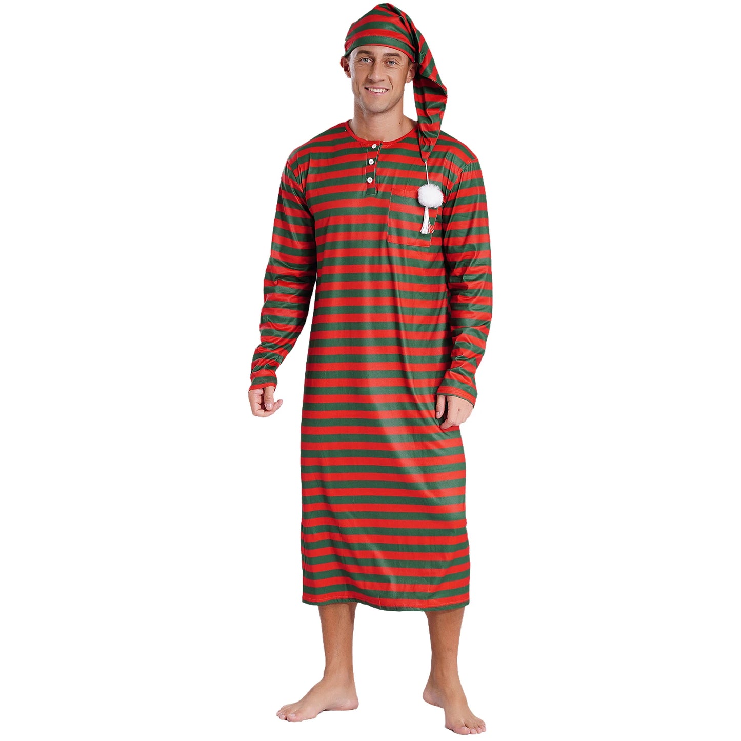 Mens Striped Long Sleeve Nightshirts Sleepwear Round Neck Loose Pajamas Robe Sleepshirt with Night Cap Christmas Loungewear