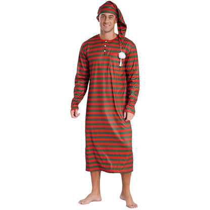 Mens Striped Long Sleeve Nightshirts Sleepwear Round Neck Loose Pajamas Robe Sleepshirt with Night Cap Christmas Loungewear