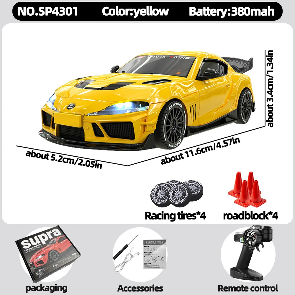 JXC 1:43 Mini 4WD RC Drift Car Supra SP4301 2.4GHz Remote Control with Gyroscope Adjustable Speed Cool LED Light Toy Gift