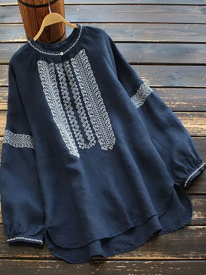 Retro Embroidered Cotton Linen Long Sleeve Women's Shirt Thin Top Large Size Cotton Linen Long Sleeve T-Shirt Commute Wear
