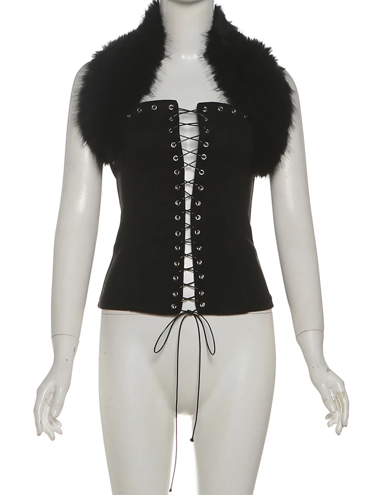 Sisterlinda Furry Patchwork Sexy Tank Top Women Y2K Halter Backless Shirring Sleeveless Stretch Coquette Midnight Party Clubwear