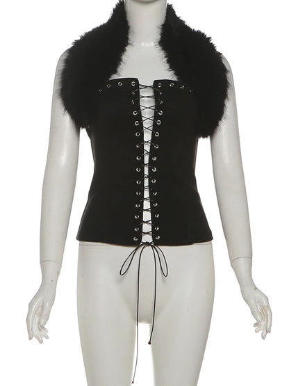 Sisterlinda Furry Patchwork Sexy Tank Top Women Y2K Halter Backless Shirring Sleeveless Stretch Coquette Midnight Party Clubwear