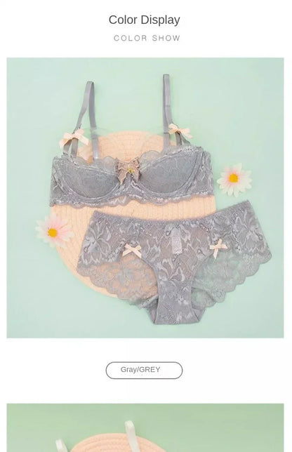 BANERDANNI French Lace Bralette Set Breathable Non-Padded Bra for Petite Sheer Floral Lingerie Wireless Comfort Anti-Gap Design