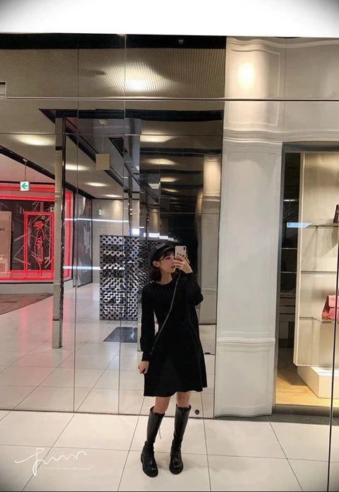High Waist A-Line Knitted Dress Long Sleeve Base Layer Shirt Waist Cinched Black Dress Autumn Wear Korean Style Commute Dress