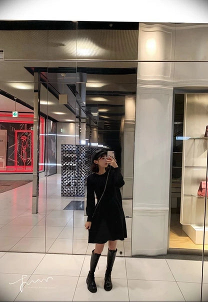 High Waist A-Line Knitted Dress Long Sleeve Base Layer Shirt Waist Cinched Black Dress Autumn Wear Korean Style Commute Dress
