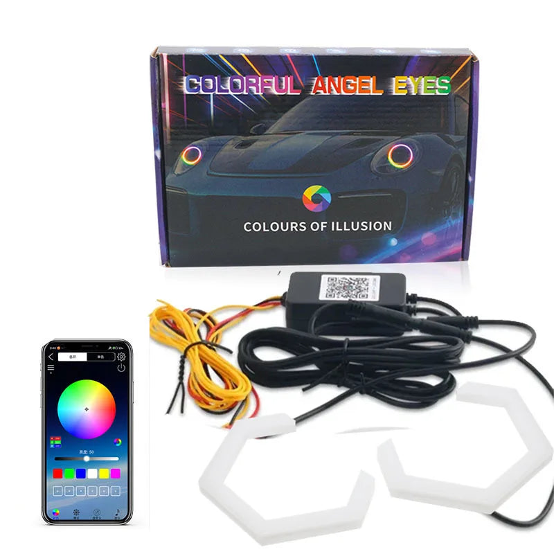 2PCS LED Angel Eyes RGB APP Bluetooth Hexagon Halo Rings For Car Scooter Motorcycle With Turn Signal Yellow 70MM 80MM 85MM 90MM