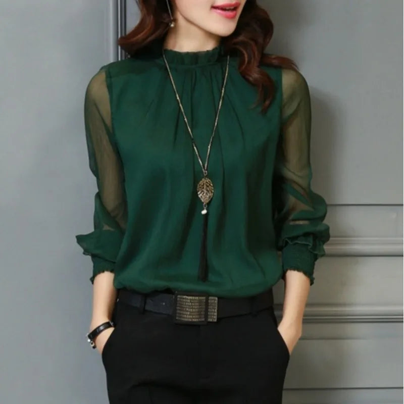 Spring Summer New Style Sexy Large Size Fashionable Mesh Chiffon Top with Lace Trim Stand Collar Base Shirt Women's Top