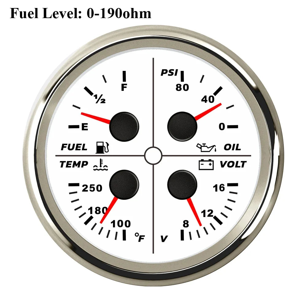 ELING Waterproof Auto Marine 85mm 4 in 1 Gauge Oil Pressure Water Temp Fuel Level Voltmeter for Motorcycle 8-16V