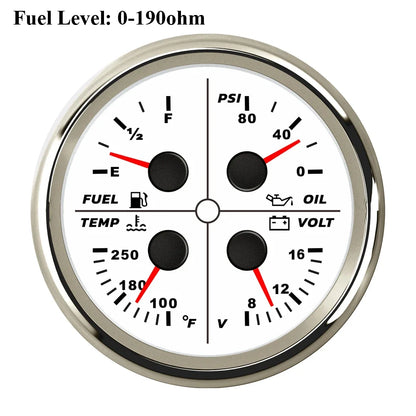 ELING Waterproof Auto Marine 85mm 4 in 1 Gauge Oil Pressure Water Temp Fuel Level Voltmeter for Motorcycle 8-16V