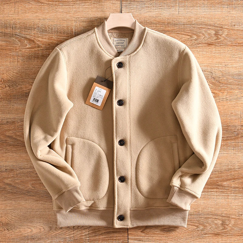 Warm Fleece Lined Double Sided Velvet Winter Jacket American Casual Baseball Collar Men's Outerwear Standard Fit Polyester Fiber