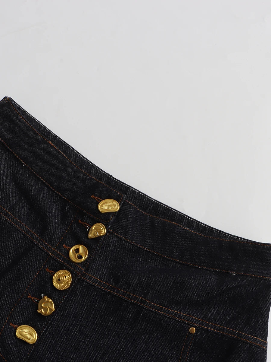 VGH Solid Spliced Button Loose Denim Two Piece Sets For Women Lapel Long Sleeve Top High Waist Pants Chic Set Female Fashion