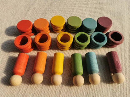 Kids Wooden Toys Beech Rainbow Coins and Rings Stacking Blocks with Peg Dolls Loose Parts