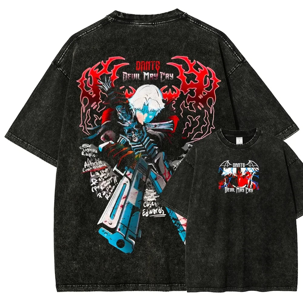 Classic Retro Game Devil May Cry Hot Sale Peripherals Print T-shirt Men Women New Streetwear Style Tee Vintage Washed Cotton Top
