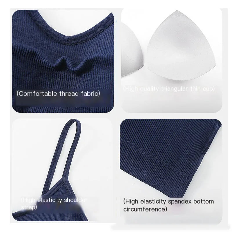3PCS Women's Ribbed Cotton Bra With Chest Cushion Beautiful Back Sling Tank Top for Yoga Girl's Shock-absorbing Sports Underwear