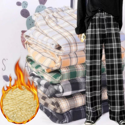 Women Plaid Pants High Waist Wide Leg Flared Trousers Thick Fleece Lined Winter Thermal Lounge Casual Straight Leg Bottoms