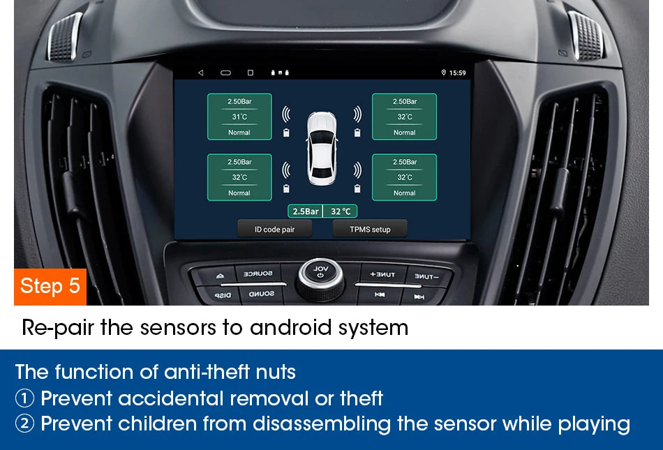 JMCQ USB Android TPMS Tire Pressure Monitoring System Display Alarm System Internal External 5 Sensors For Car Navigation Radio
