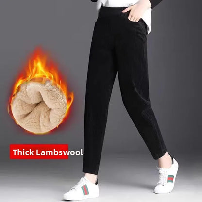 Autumn Winter Thiened Women's Casual Pants Lamb Velvet Harem Pants High Waist Straight Legged Fce Lined Mom Jeans Corduroy