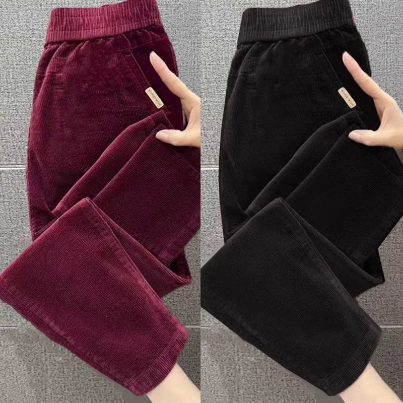 Autumn Winter Thickened Corduroy Casual Harlan Pants for Mom High Waist Loose Fit Straight Leg Casual Outerwear Polyester Fiber