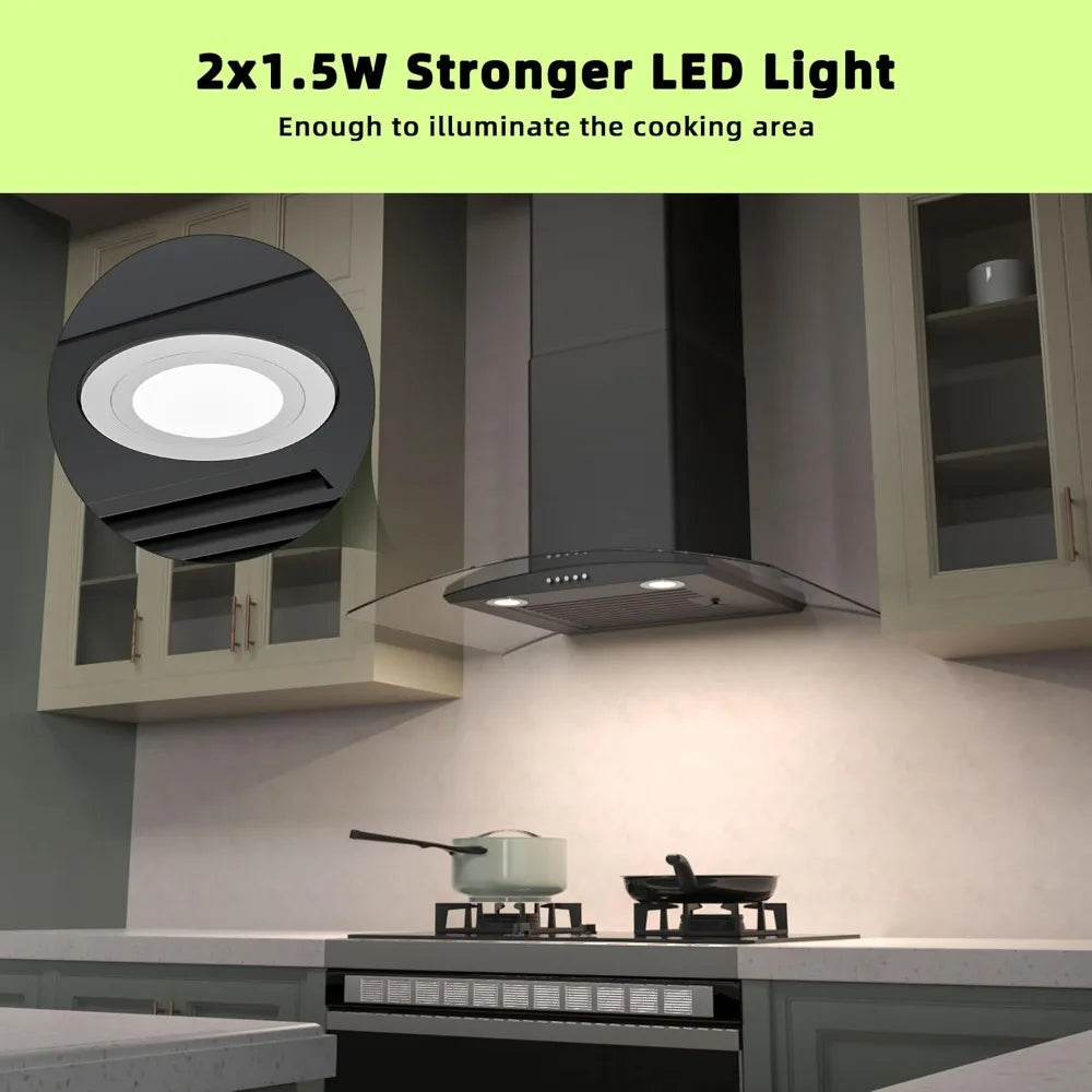 30 inch Wall Mount Range Hood, 400CFM, 3 Speed Fan, Tempered Glass, Push Button Controls, LED Lighting, Stainless Steel, Includes 2 Charcoal Filters