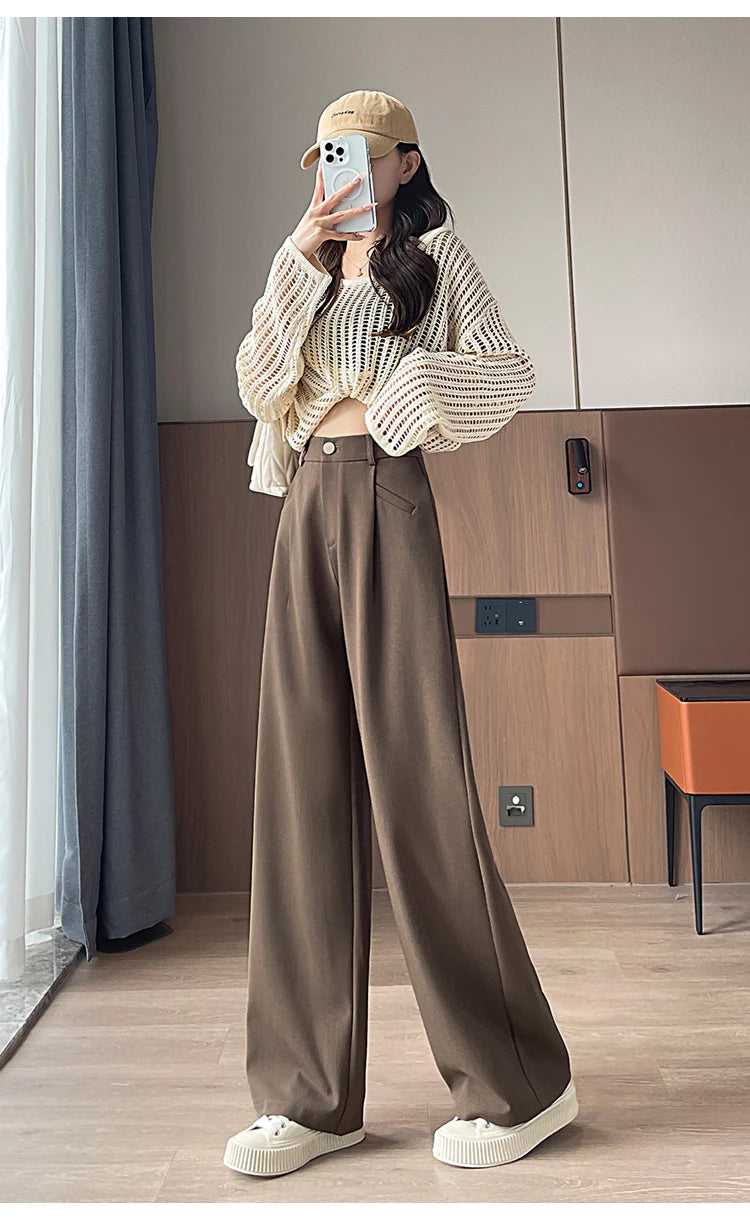Seoulish Autumn Elegant Women's Wide Leg Pants 2024 New Korean Solid Button Casual Loose Office Full Length Trousers Female
