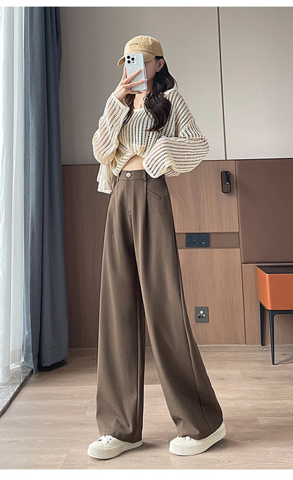 Seoulish Autumn Elegant Women's Wide Leg Pants 2024 New Korean Solid Button Casual Loose Office Full Length Trousers Female
