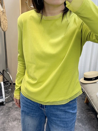 Spring New plus Size round Neck Mesh Splice Loose Long Sleeve Base Shirt Women Fat MM Slimming Belly Cover Simple T-shirt