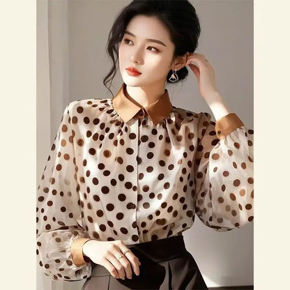 2025 Summer New Loose Polka Dot Women's Shirt Design Sunscreen Chiffon Blouse Elegant Commute Style Long Sleeve  Collar