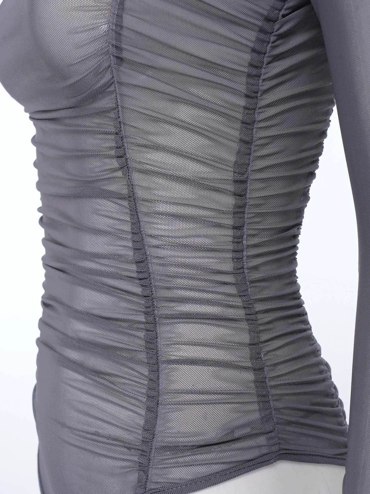 Womens Nightclub Beach Bodysuit Sheer Mesh Side Ruched High Collar Long Sleeve Button Crotch Leotard See Through Cover Up Outfit