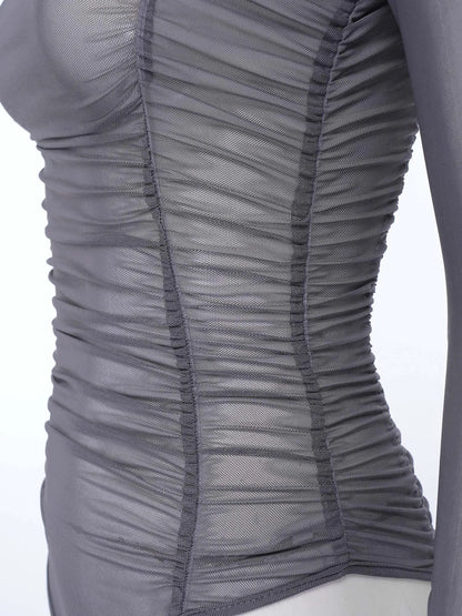 Womens Nightclub Beach Bodysuit Sheer Mesh Side Ruched High Collar Long Sleeve Button Crotch Leotard See Through Cover Up Outfit