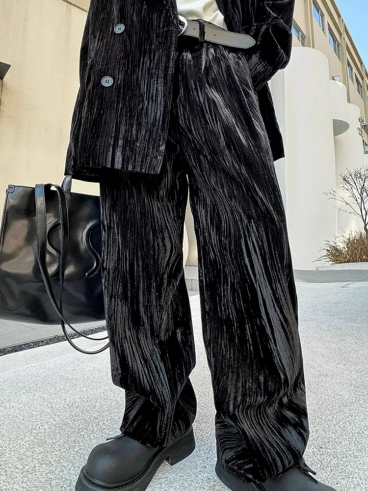 Mens Loose Fit Velvet Suit Set Red Double Breasted Blazer Jacket Pants Two Piece Set Spring New Banquet Party Suits Matching Set