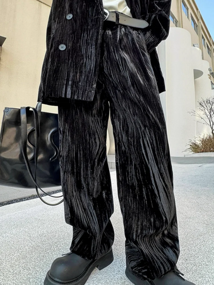 Mens Loose Fit Velvet Suit Set Red Double Breasted Blazer Jacket Pants Two Piece Set Spring New Banquet Party Suits Matching Set