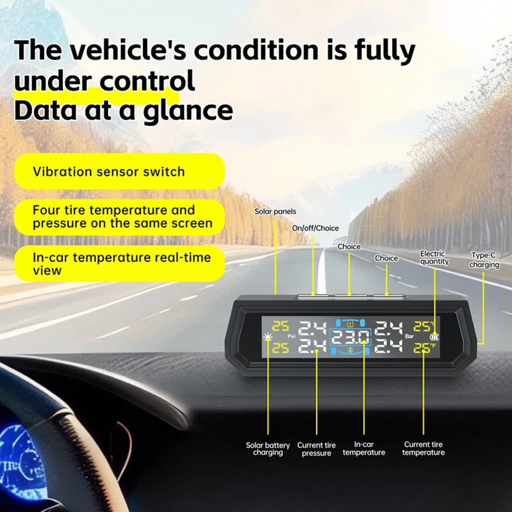 With 4 External Sensors Solar TPMS Car Tire Pressure Alarm Digital Colorful Display Waterproof Tire Pressure Temperature Warning