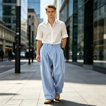 Men's Loose Pleated Wide Leg Pants Breathable Linen Blend Trousers Casual Business Suit Pants Summer Streetwear Daily Wear