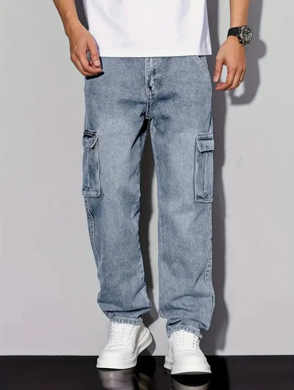 Men's American Retro Casual Cargo Jeans, Loose Fit, Solid Color, Fashion Essential