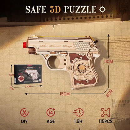 ROKR Mini Pistol 3D Wooden Model Toy, Mechanical Assembly Model, Rubber Band Launch Function, Suitable for Beginners