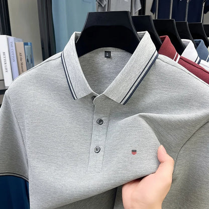 Summer men's exquisite embroidered short-sleeved POLO shirt 100% cotton breathable striped lapel daily business casual T-shirt