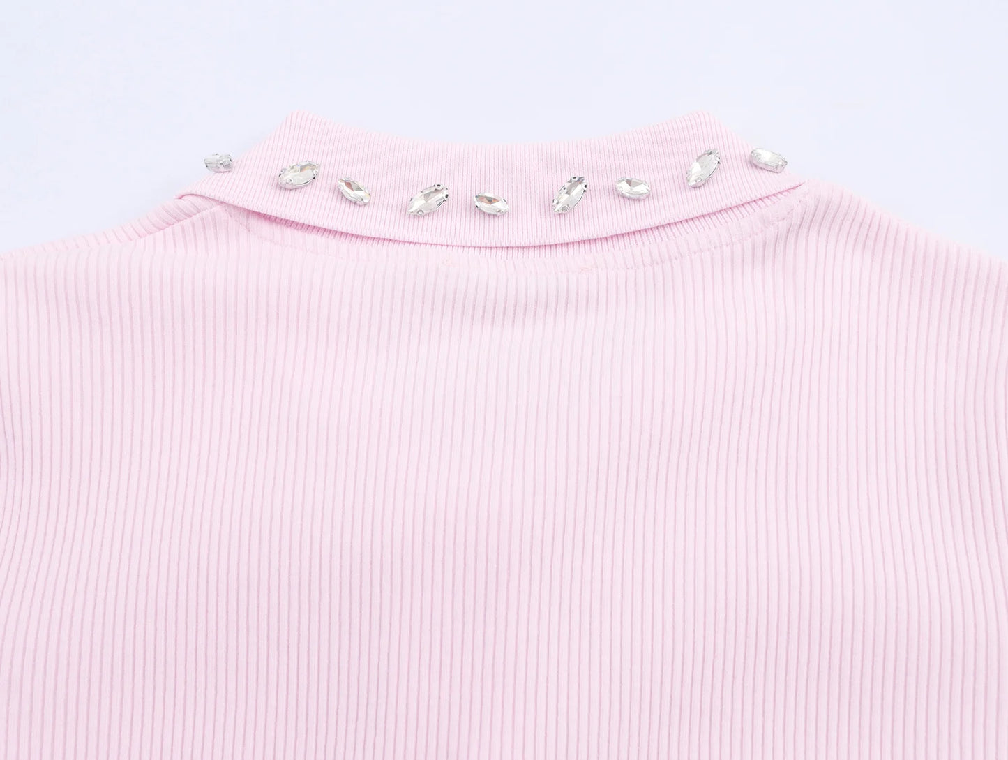 Retro American Diamond Embedded Short Sleeve Knitted T-shirt Women's Sweet Anti-aging Top Jewelry Collar Turn-down Collar