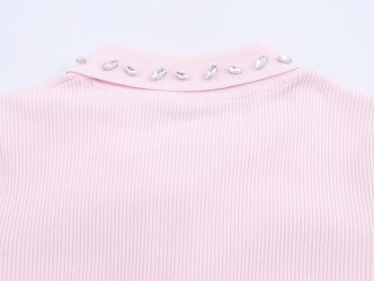 Retro American Diamond Embedded Short Sleeve Knitted T-shirt Women's Sweet Anti-aging Top Jewelry Collar Turn-down Collar