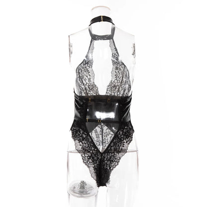 S-XXL Halter Backless Lace Transparent Swimsuit Tight Faux PU Leather High Cut Thong Bodysuit Sexy Clubwear Body Teddies Leotard
