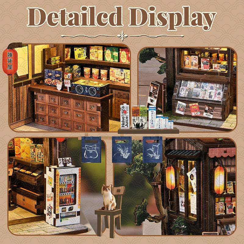 Zuuton DIY Japanese Grocery Store Miniature Dollhouse Kit 3D Wooden Puzzle Book Nook with LED Light Handmade Building Model Gift