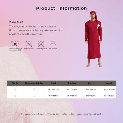 Mens Solid Color Long Sleeve Sleep Robe with Night Cap Round Neck Big & Tall Nightshirts Home Loungewear Pajamas Sleepwear