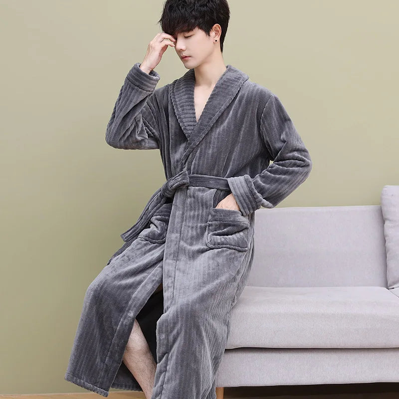Thiened Coral Fce Men's Batobe Winter Pyjamas Flannel Robe Large Size Morning Robe Fce Home Clothes Polyester Fiber