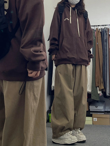 Brown Loose Straight Leg Workwear Pants Women's Spring Autumn plus Size Comfortable Casual American Style Wide Leg Trousers