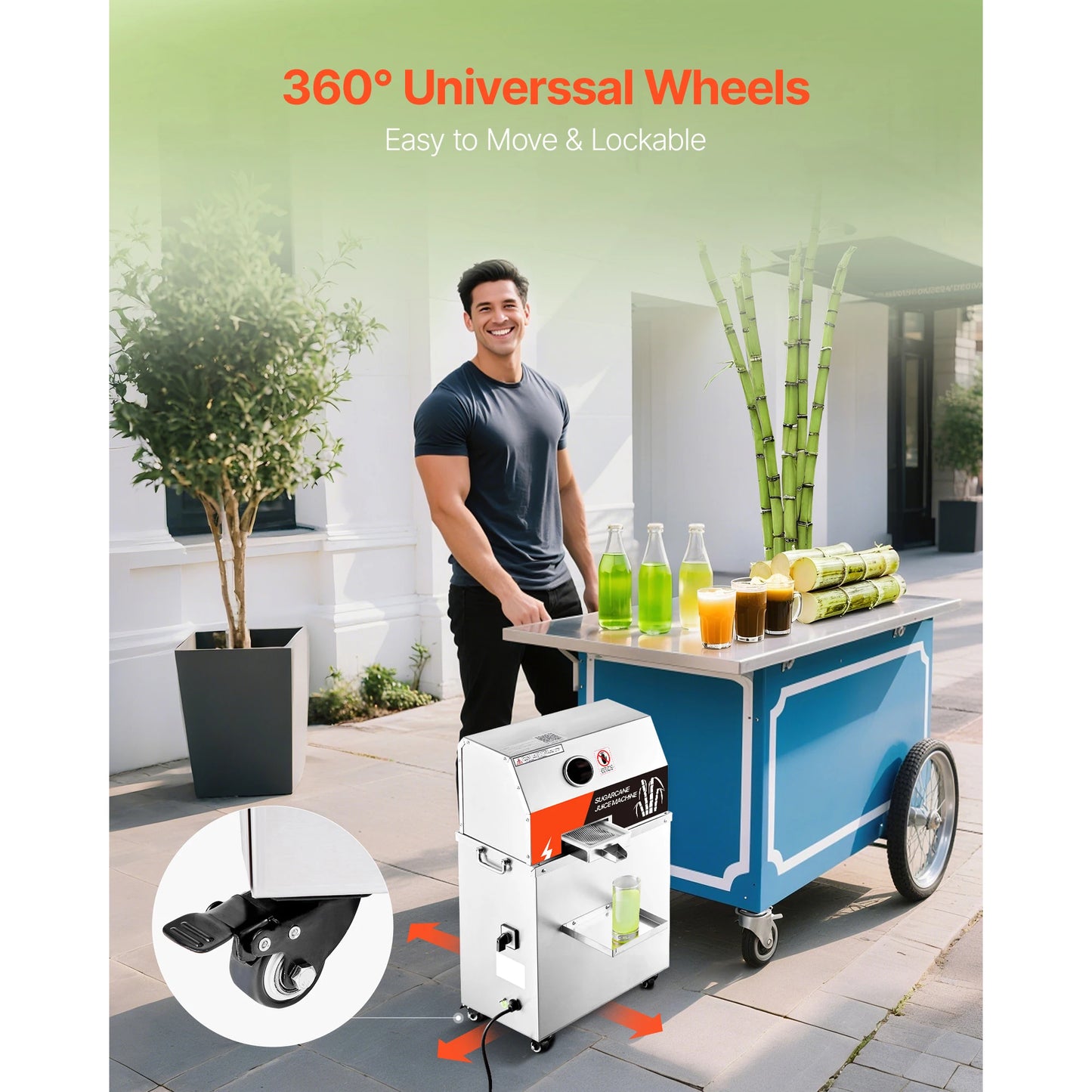 SucceBuy Commercial Sugar Cane Juicer 800W Electric Sugarcane Juicer Machine with 661LBS/H High Output 3 Stainless Steel Rollers Sugar Cane Press Juice Extractor Squeezer on Wheels for Home Commercial