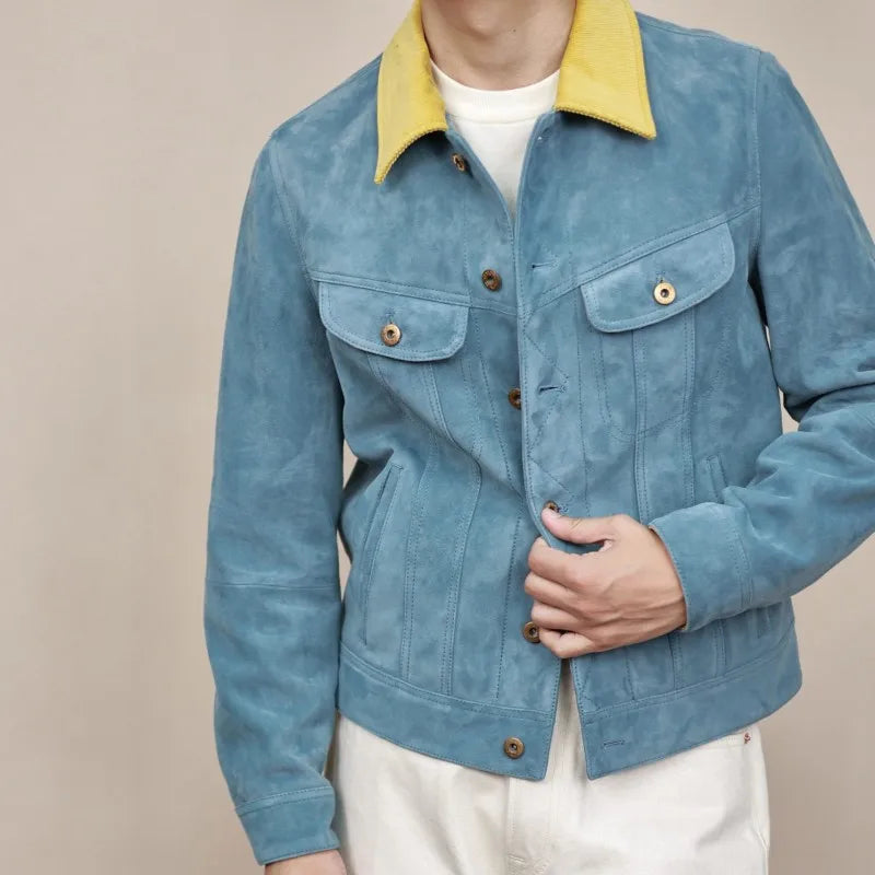 Leisure Lapel Single-Breasted Straight Men Genuine Leather Jacket Retro Solid Color Male Sheepskin Long Sleeves Outerwear