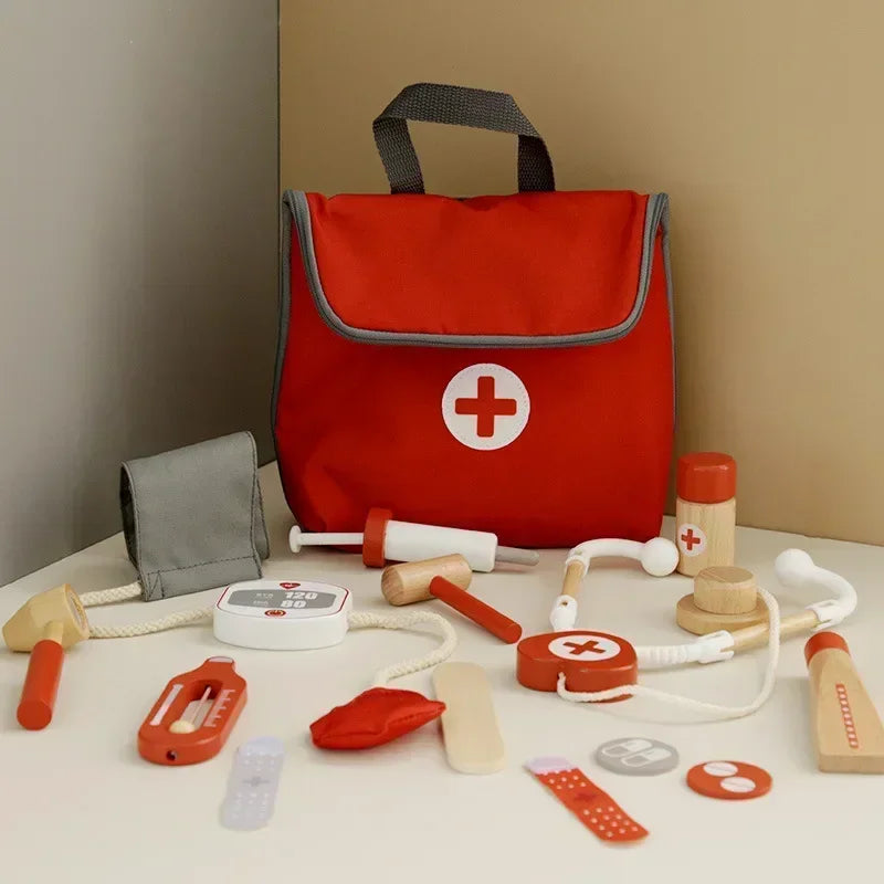 Kids Wooden Pretend Play Kit Games for Girls Boys Red Medical Dentist Medicine Box Cloth Bags Gifts Doctor Toys for Children Set